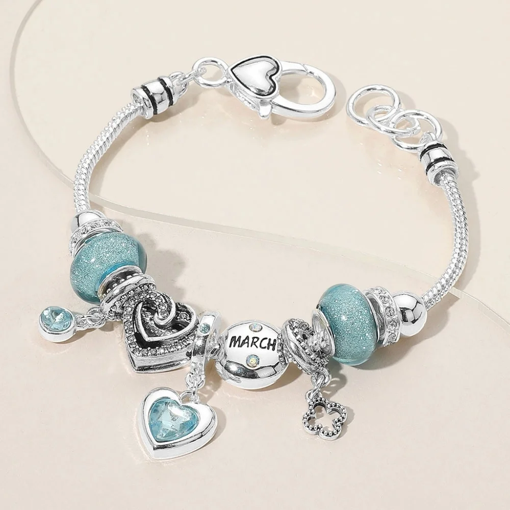 March - Birthstone Heart Charm Multi Beaded Bracelet